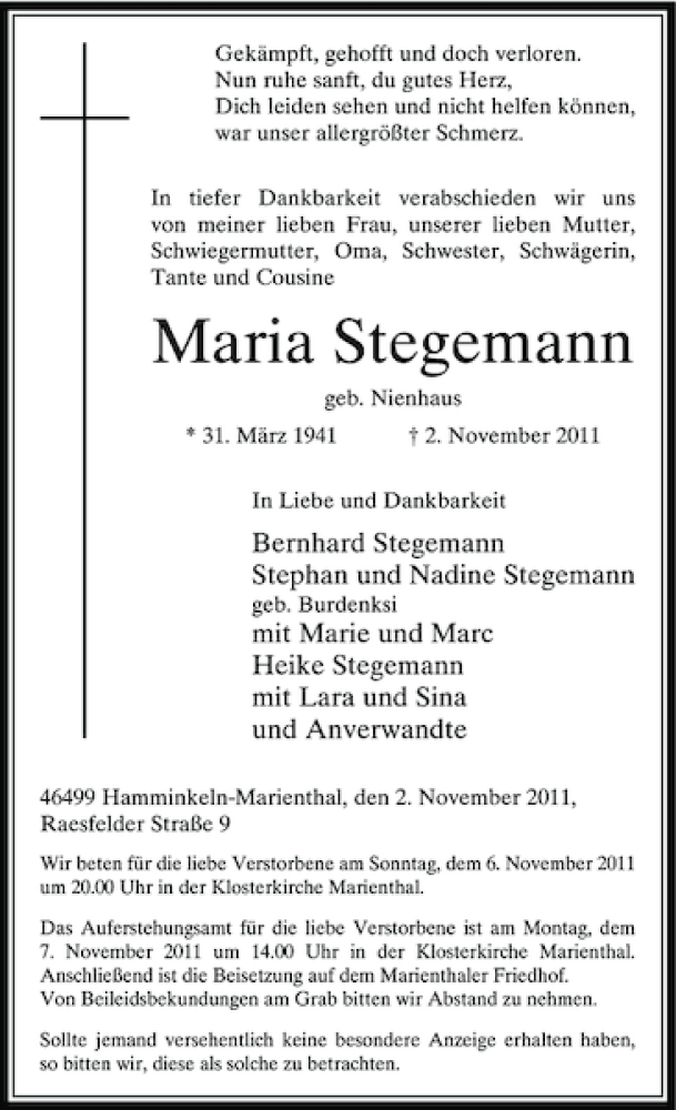 Alle Traueranzeigen F R Maria Stegemann Trauer Rp Online De