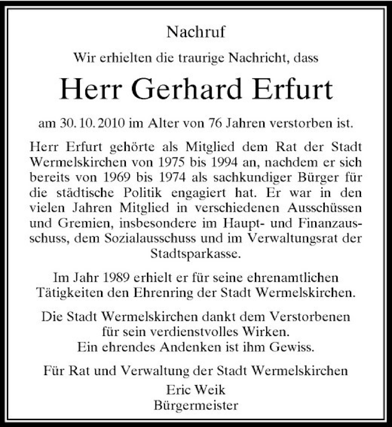 Alle Traueranzeigen F R Herr Gerhard Erfurt Trauer Rp Online De