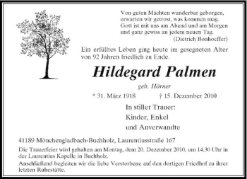 Alle Traueranzeigen F R Hildegard Palmen Trauer Rp Online De