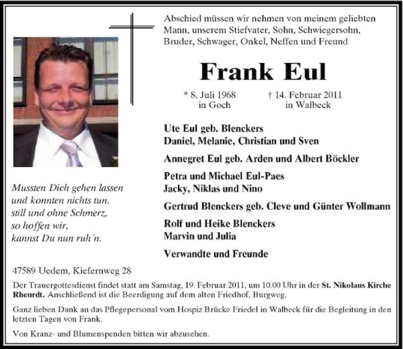  Traueranzeige für Frank Eul vom 16.02.2011 aus Rheinische Post