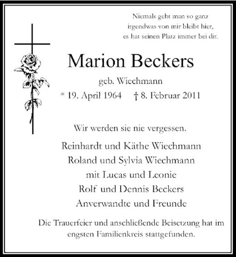 Alle Traueranzeigen F R Marion Beckers Trauer Rp Online De