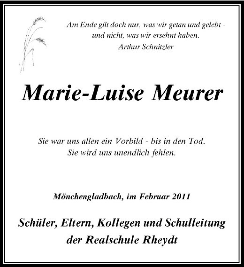 Alle Traueranzeigen F R Marie Luise Meurer Trauer Rp Online De