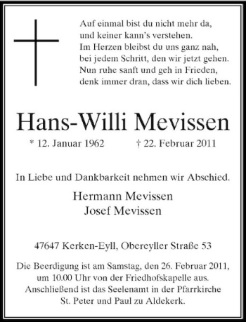 Alle Traueranzeigen F R Hans Willi Mevissen Trauer Rp Online De