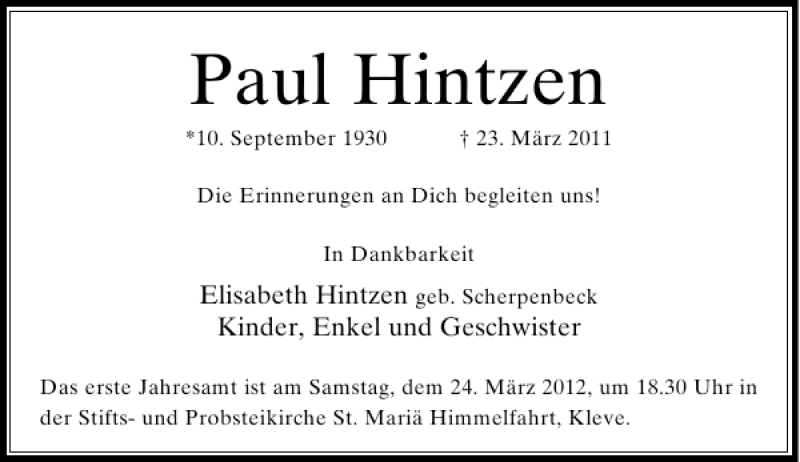 Alle Traueranzeigen für Paul Hintzen trauer rp online de