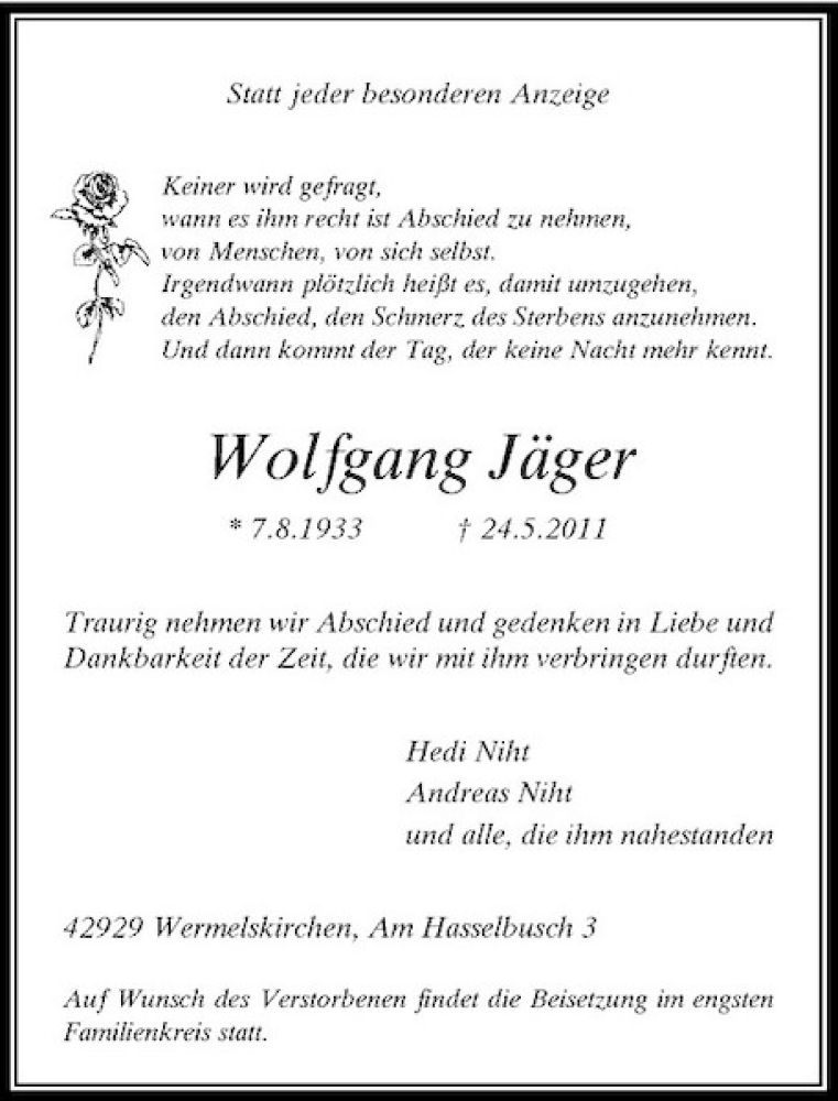 Alle Traueranzeigen für Wolfgang Jäger trauer rp online de