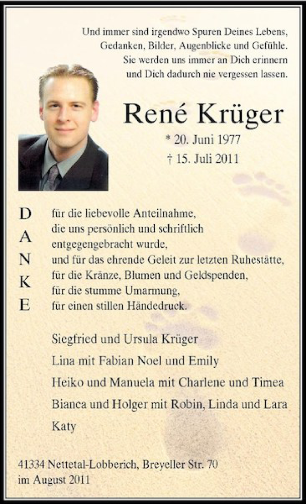  Traueranzeige für René Krüger vom 27.08.2011 aus Rheinische Post