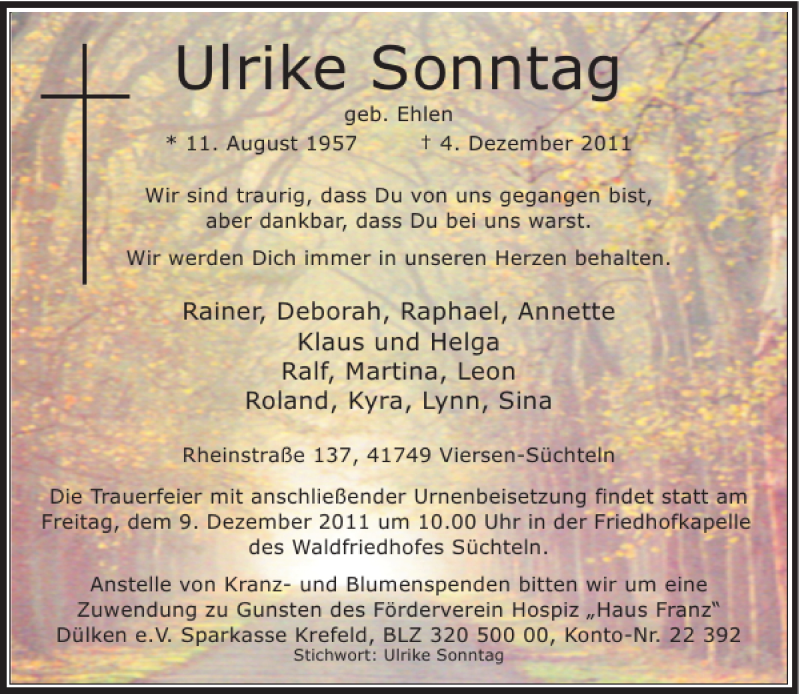  Traueranzeige für Ulrike Sonntag vom 06.12.2011 aus Rheinische Post