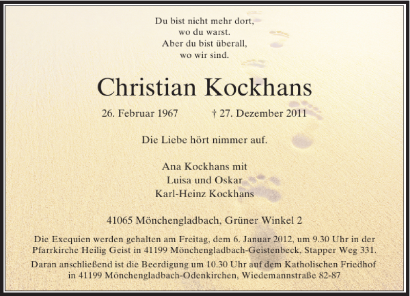  Traueranzeige für Christian Kockhans vom 02.01.2012 aus Rheinische Post