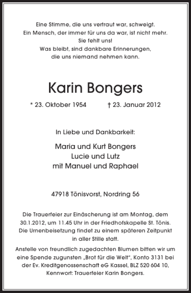  Traueranzeige für Karin Bongers vom 27.01.2012 aus Rheinische Post
