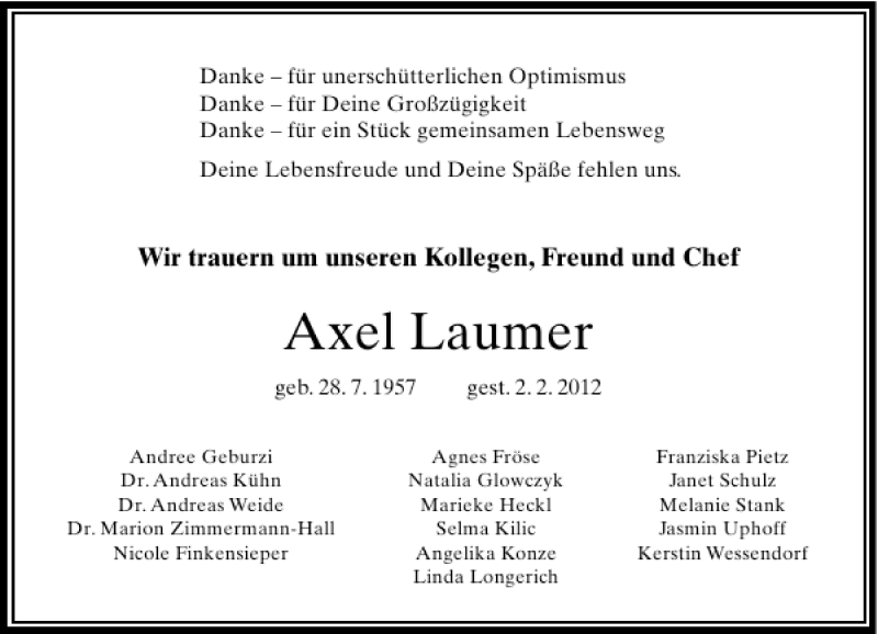  Traueranzeige für Axel Laumer vom 11.02.2012 aus Rheinische Post