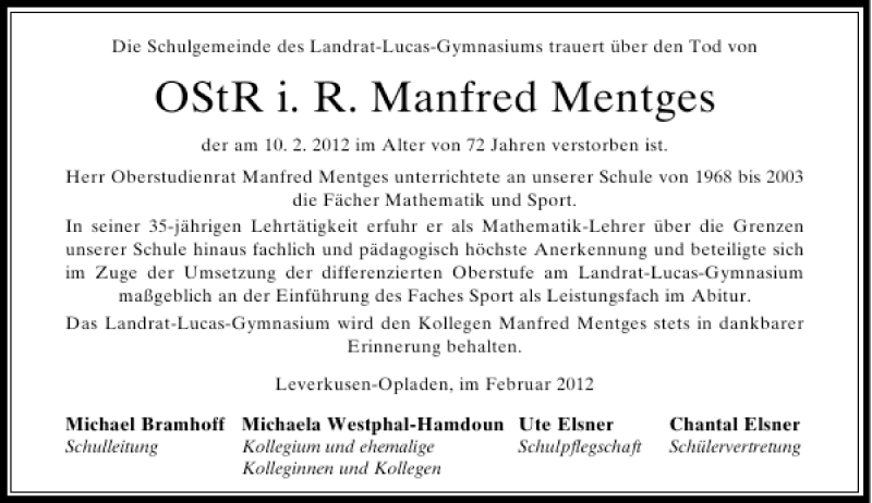  Traueranzeige für OStR i. R. Manfred Mentges vom 15.02.2012 aus Rheinische Post
