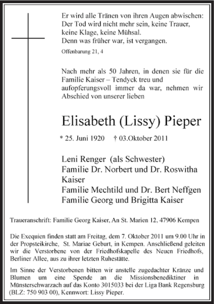 Alle Traueranzeigen für Elisabeth Pieper trauer rp online de