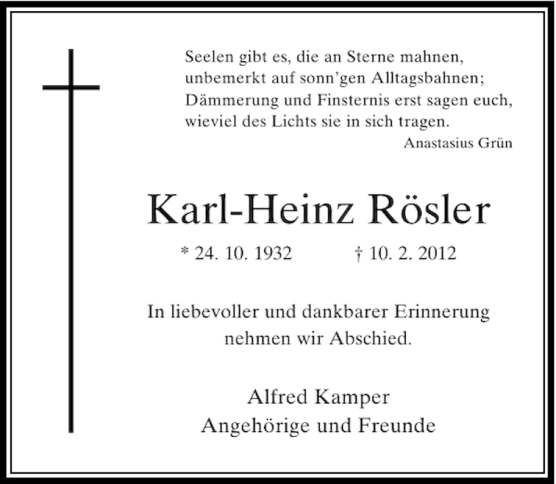 Alle Traueranzeigen für Karl Heinz Rösler trauer rp online de