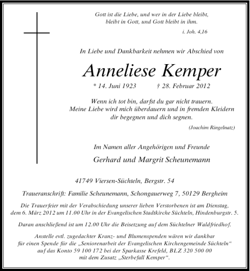 Alle Traueranzeigen für Anneliese Kemper trauer rp online de