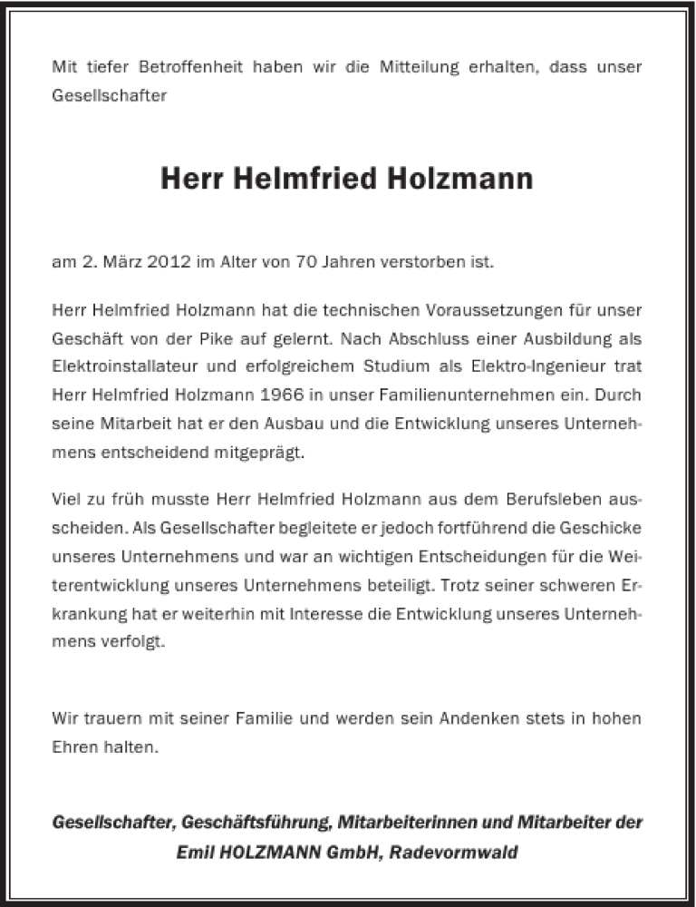 Alle Traueranzeigen F R Helmfried Holzmann Trauer Rp Online De