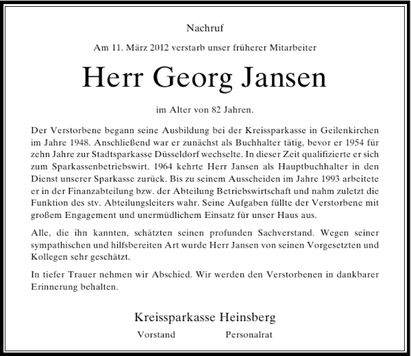 Alle Traueranzeigen für Georg Jansen trauer rp online de