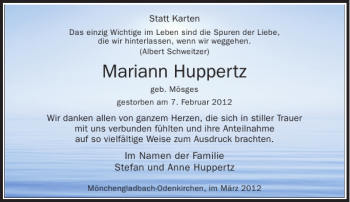 Alle Traueranzeigen F R Mariann Huppertz Trauer Rp Online De