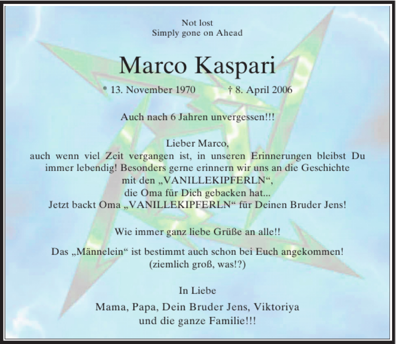  Traueranzeige für Marco Kaspari vom 07.04.2012 aus Rheinische Post