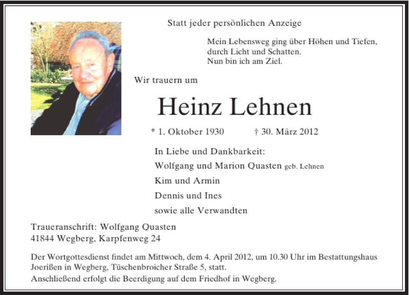 Alle Traueranzeigen F R Heinz Lehnen Trauer Rp Online De