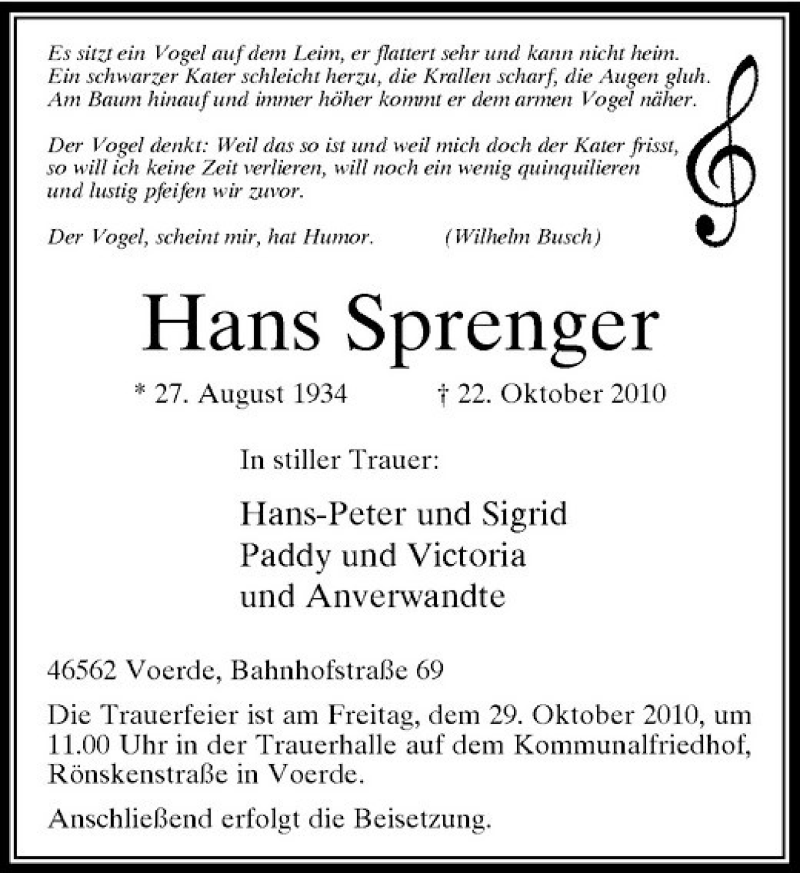 Alle Traueranzeigen für Hans Sprenger trauer rp online de