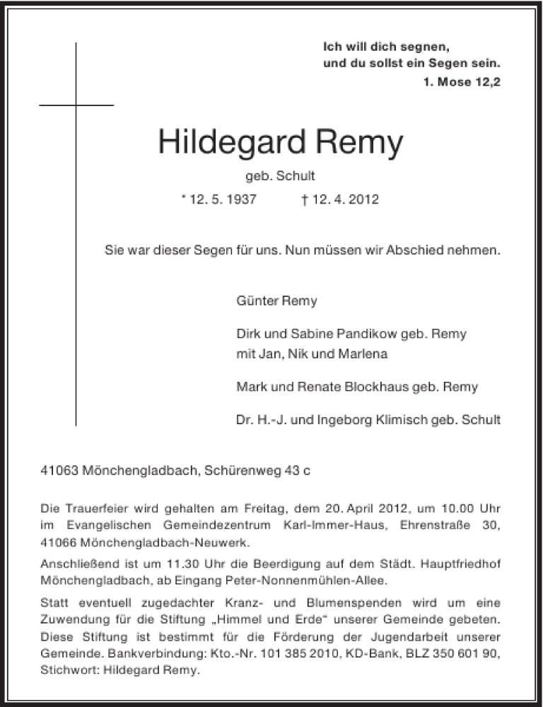 Alle Traueranzeigen F R Hildegard Remy Trauer Rp Online De