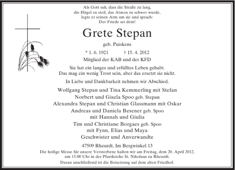 Alle Traueranzeigen für Grete Stepan trauer rp online de