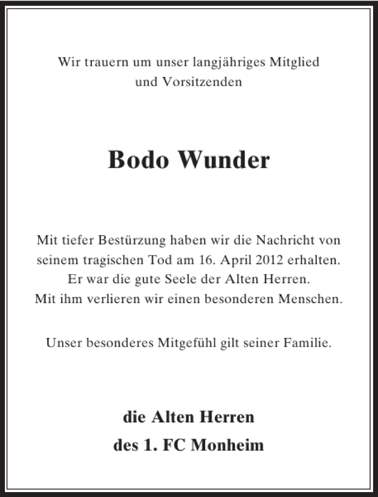  Traueranzeige für Bodo Wunder vom 21.04.2012 aus Rheinische Post