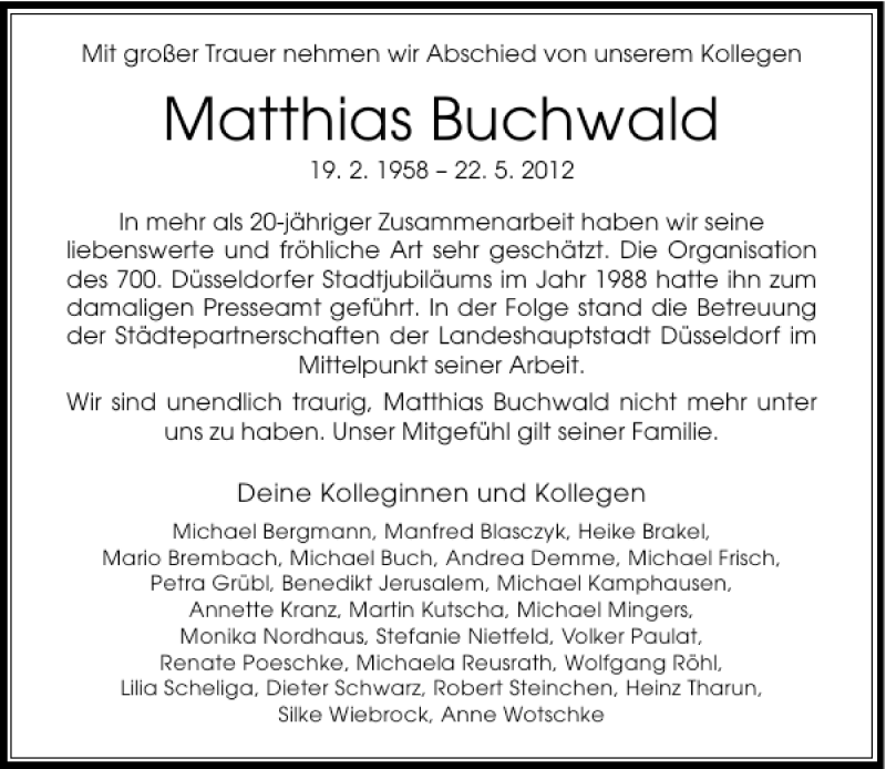 Alle Traueranzeigen für Matthias Buchwald trauer rp online de