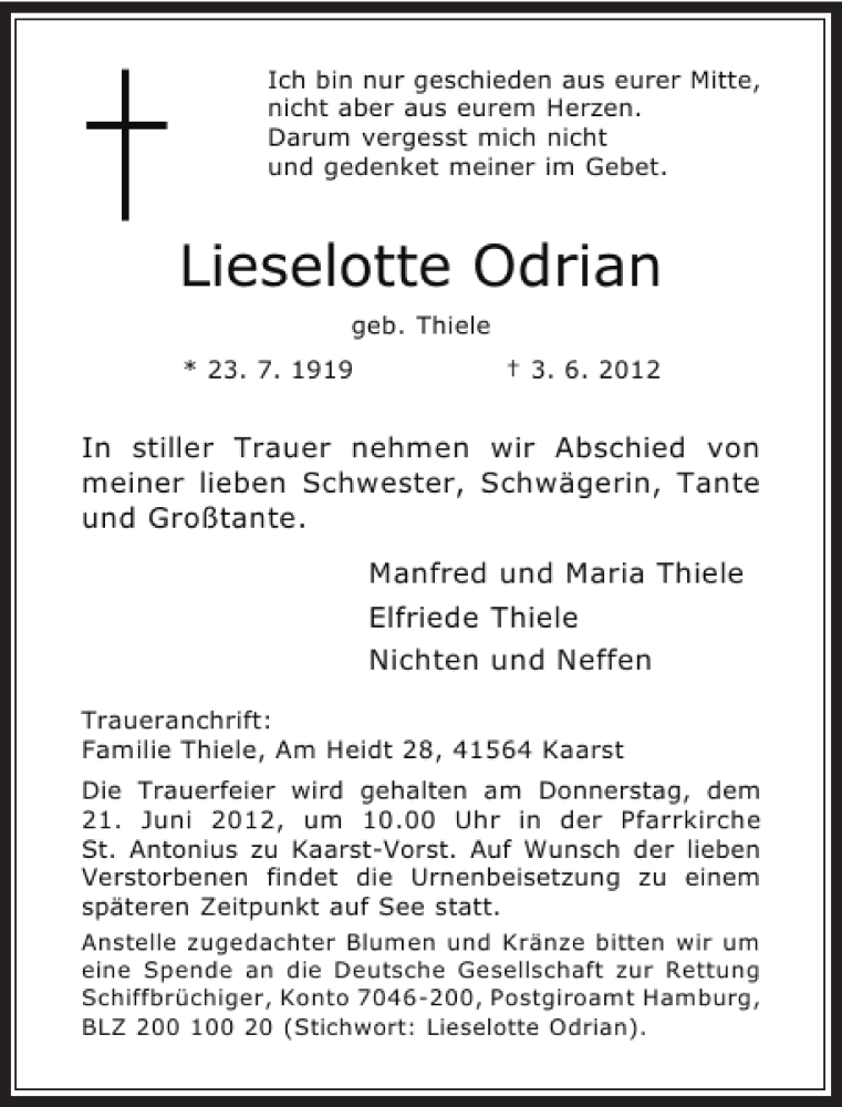 Alle Traueranzeigen F R Lieselotte Odrian Trauer Rp Online De