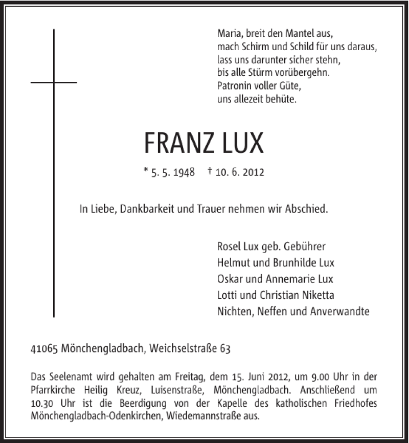 Alle Traueranzeigen für Franz Lux trauer rp online de