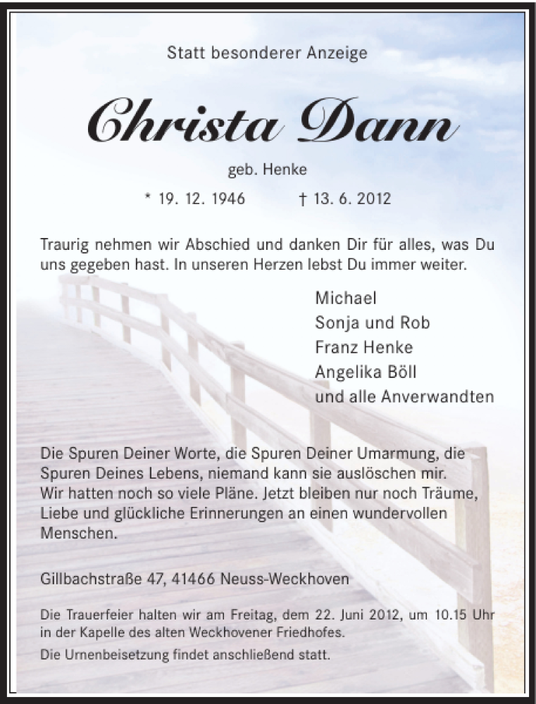  Traueranzeige für Christa Dann vom 18.06.2012 aus Rheinische Post
