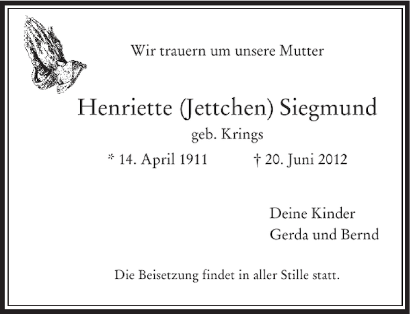 Alle Traueranzeigen F R Henriette Jettchen Siegmund Trauer Rp Online De