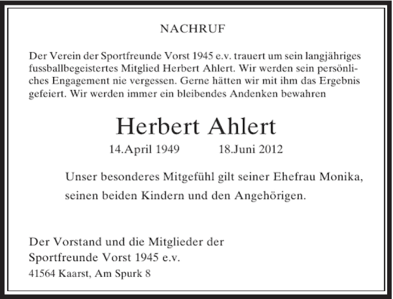 Traueranzeige für Herbert Ahlert vom 28.06.2012 aus Rheinische Post
