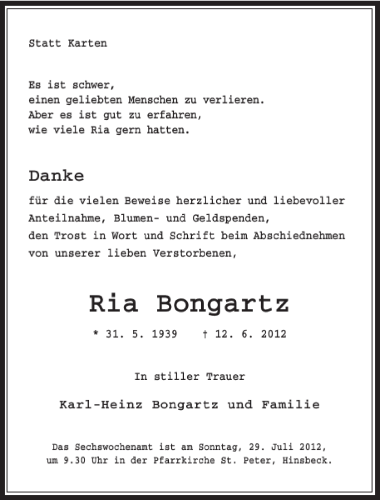 Alle Traueranzeigen für Ria Bongartz trauer rp online de