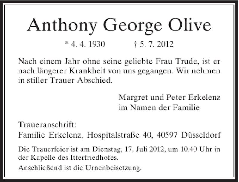 Alle Traueranzeigen für Anthony George Olive trauer rp online de