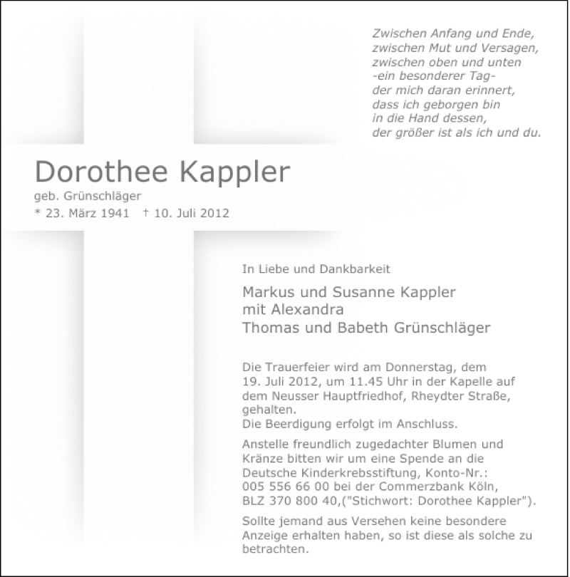 Alle Traueranzeigen für Dorothee Kappler trauer rp online de