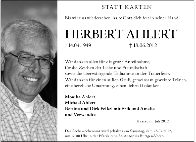  Traueranzeige für Herbert Ahlert vom 21.07.2012 aus Rheinische Post