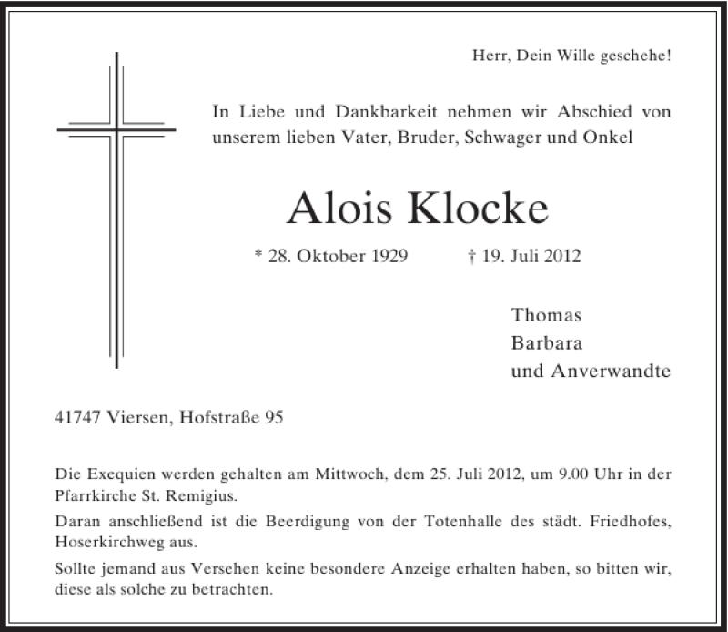 Alle Traueranzeigen für Alois Klocke trauer rp online de