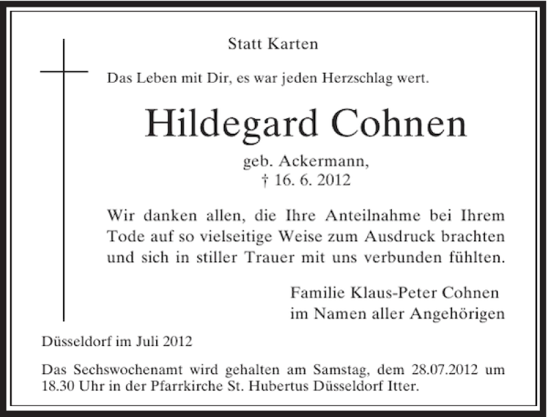 Alle Traueranzeigen F R Hildegard Cohnen Trauer Rp Online De