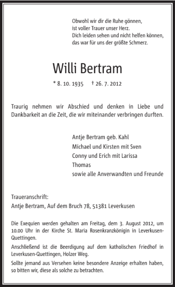 Alle Traueranzeigen F R Willi Bertram Trauer Rp Online De