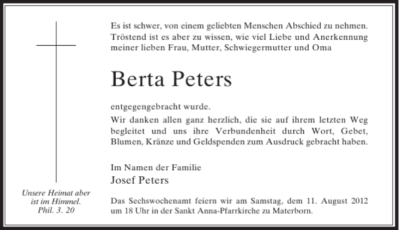 Alle Traueranzeigen für Berta Peters trauer rp online de