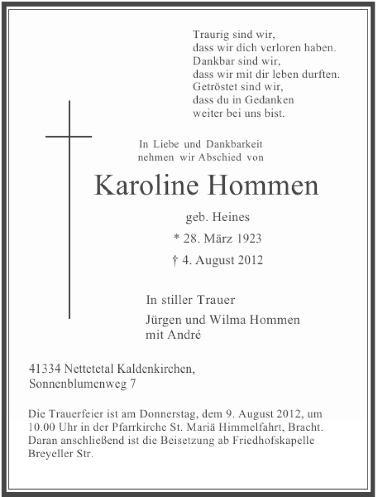 Alle Traueranzeigen für Karoline Hommen trauer rp online de