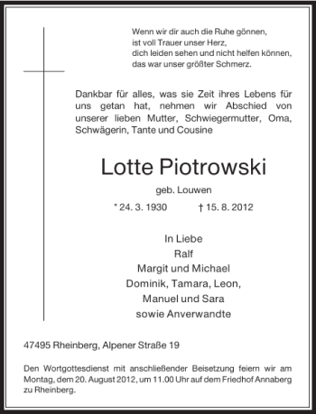 Alle Traueranzeigen F R Lotte Piotrowski Trauer Rp Online De