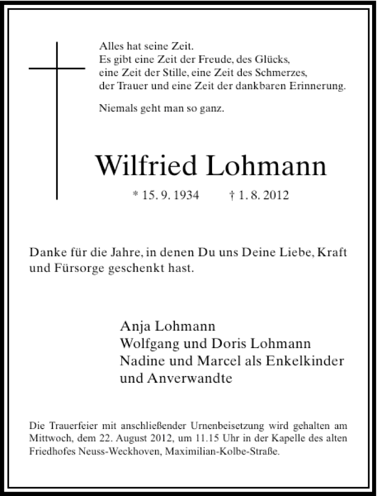 Alle Traueranzeigen F R Wilfried Lohmann Trauer Rp Online De