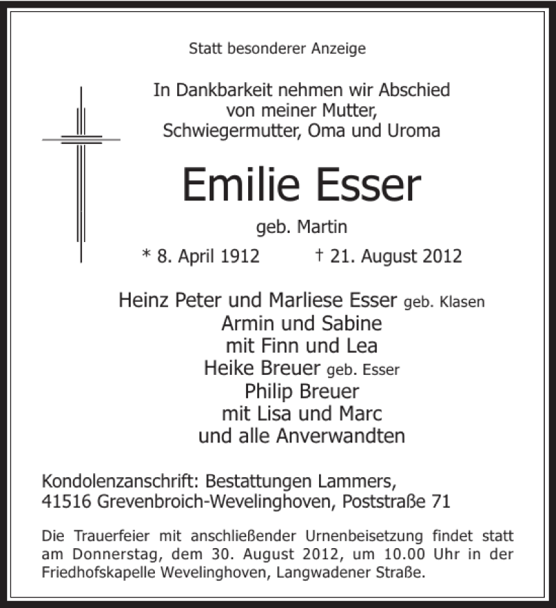 Alle Traueranzeigen für Emilie Esser trauer rp online de