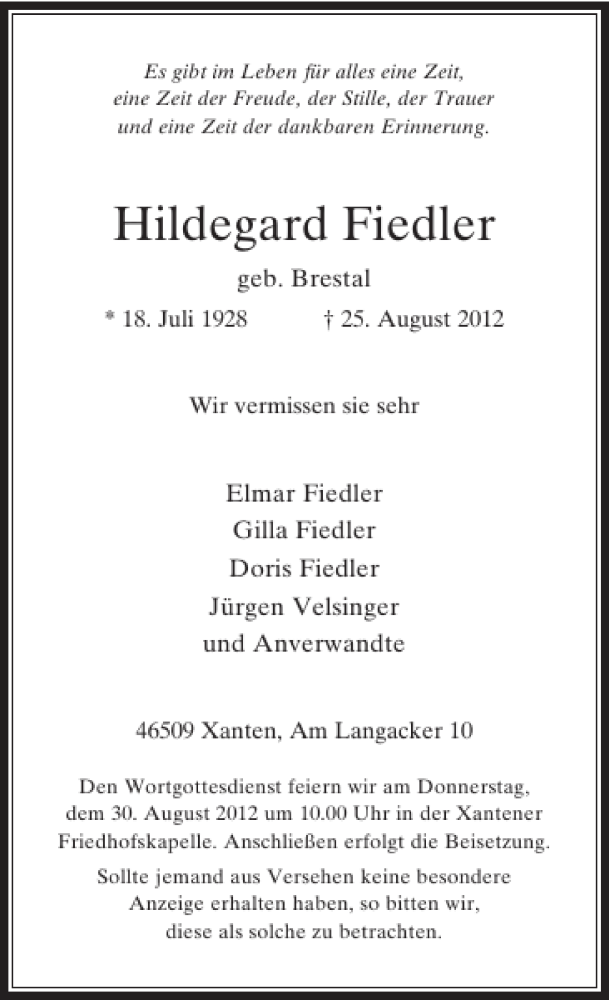 Alle Traueranzeigen F R Hildegard Fiedler Trauer Rp Online De