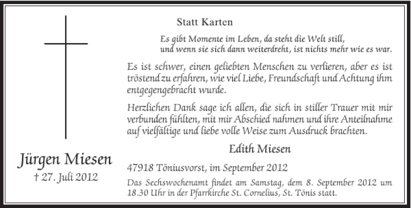  Traueranzeige für Jürgen Miesen vom 01.09.2012 aus Rheinische Post