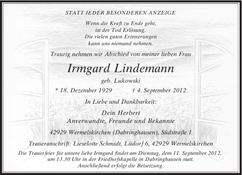 Alle Traueranzeigen F R Irmgard Lindemann Trauer Rp Online De