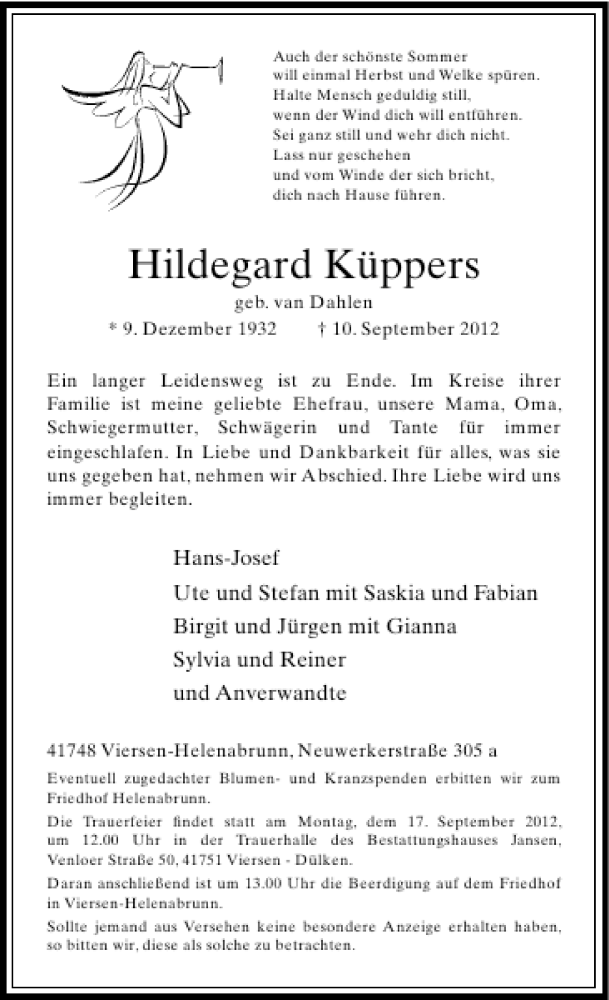  Traueranzeige für Hildegard Küppers vom 13.09.2012 aus Rheinische Post
