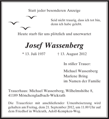 Alle Traueranzeigen für Josef Wassenberg trauer rp online de